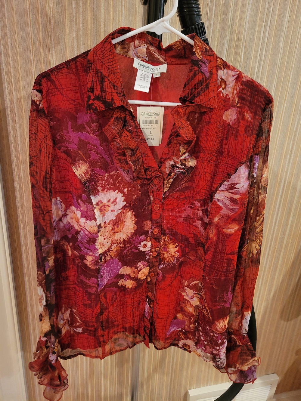 Coldwater Creek Red Floral Ruffle-Trim Button Blouse Misses 14-16 Large NWT